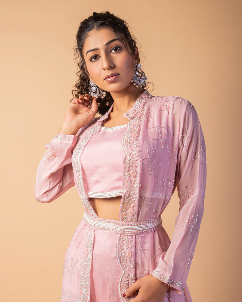 Light Pink Embroidered CropTop Palazzo Set with Shrug