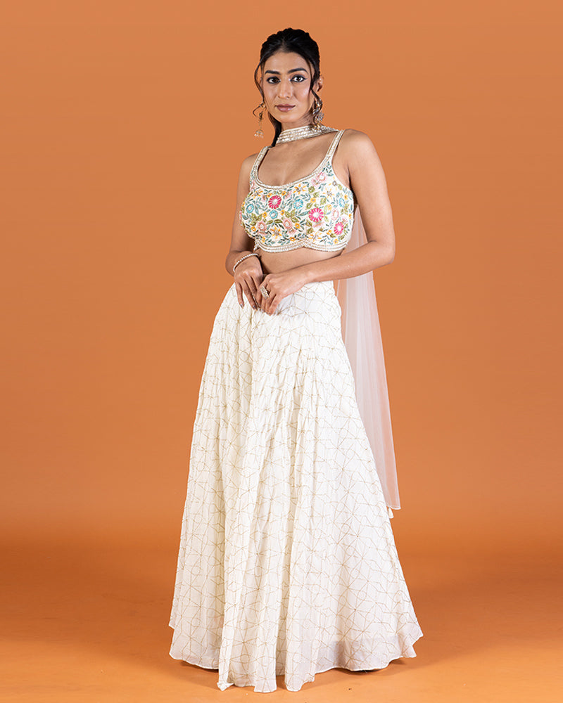 Cream Embroidered Embellished crop top Palazzo with Dupatta