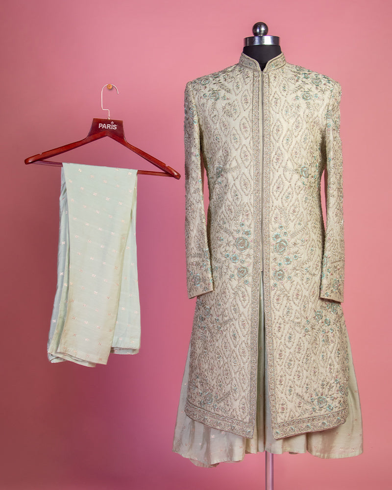 Pista Green Sherwani with Pyjama in Cotton