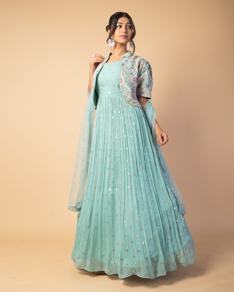 Mint Green Embroidered Gown With Jacket And Dupatta