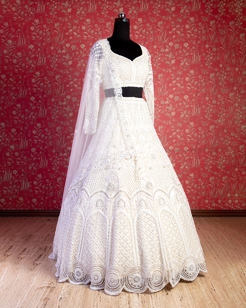 White Full Sleeve Sequins Bridal lehenga choli for bride with dupatta