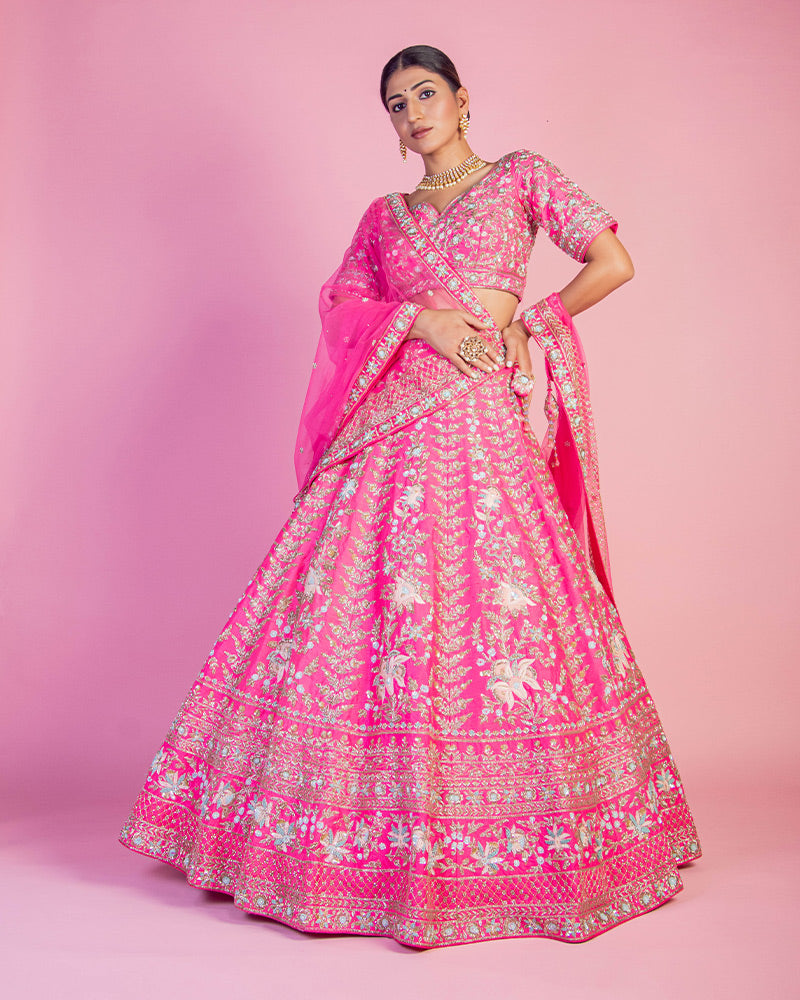 Neon Pink Floral Hand Embroidered lehenga choli with dupatta