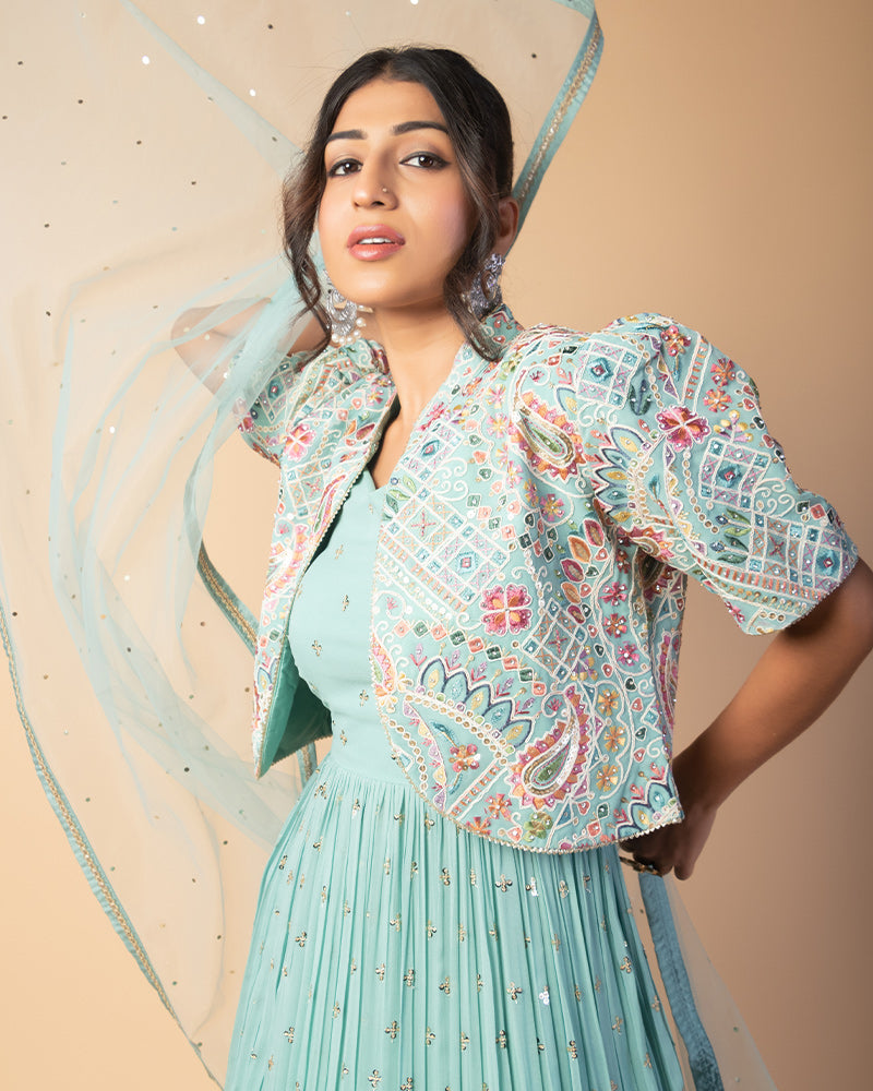 Mint Green Embroidered Gown With Jacket And Dupatta