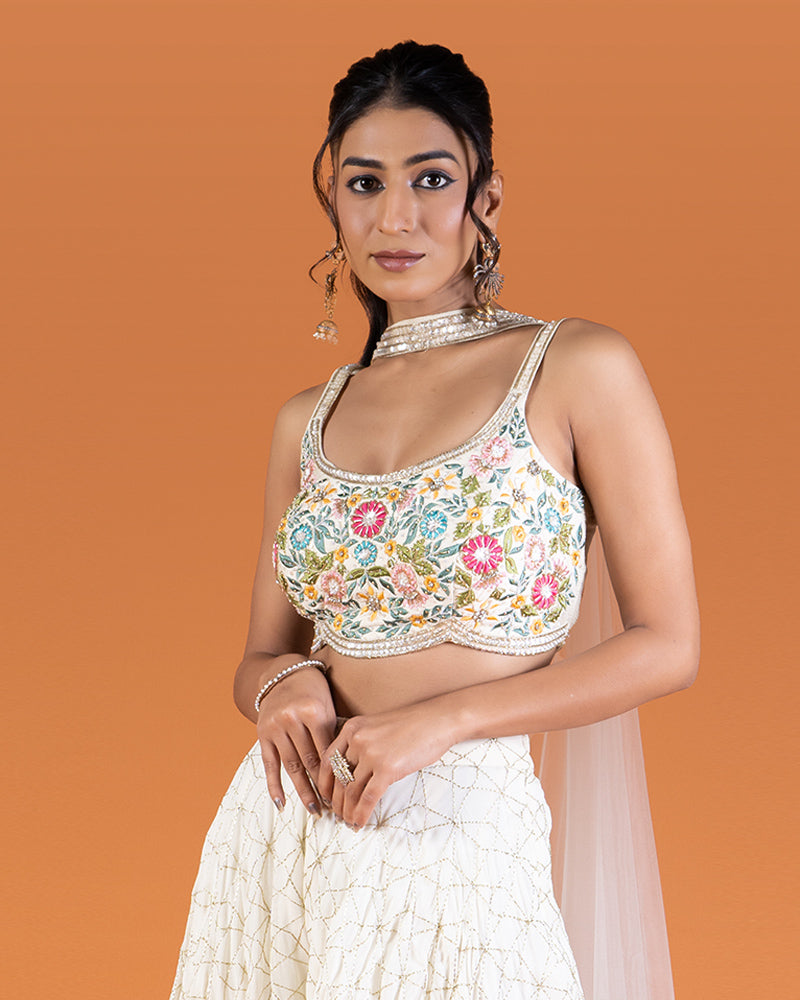 Cream Embroidered Embellished crop top Palazzo with Dupatta