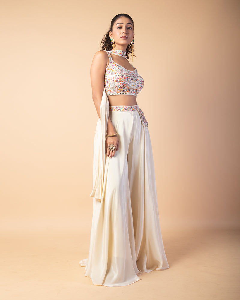 Off White Embroidered Crop Top Palazzo Set with Waistline Pocket