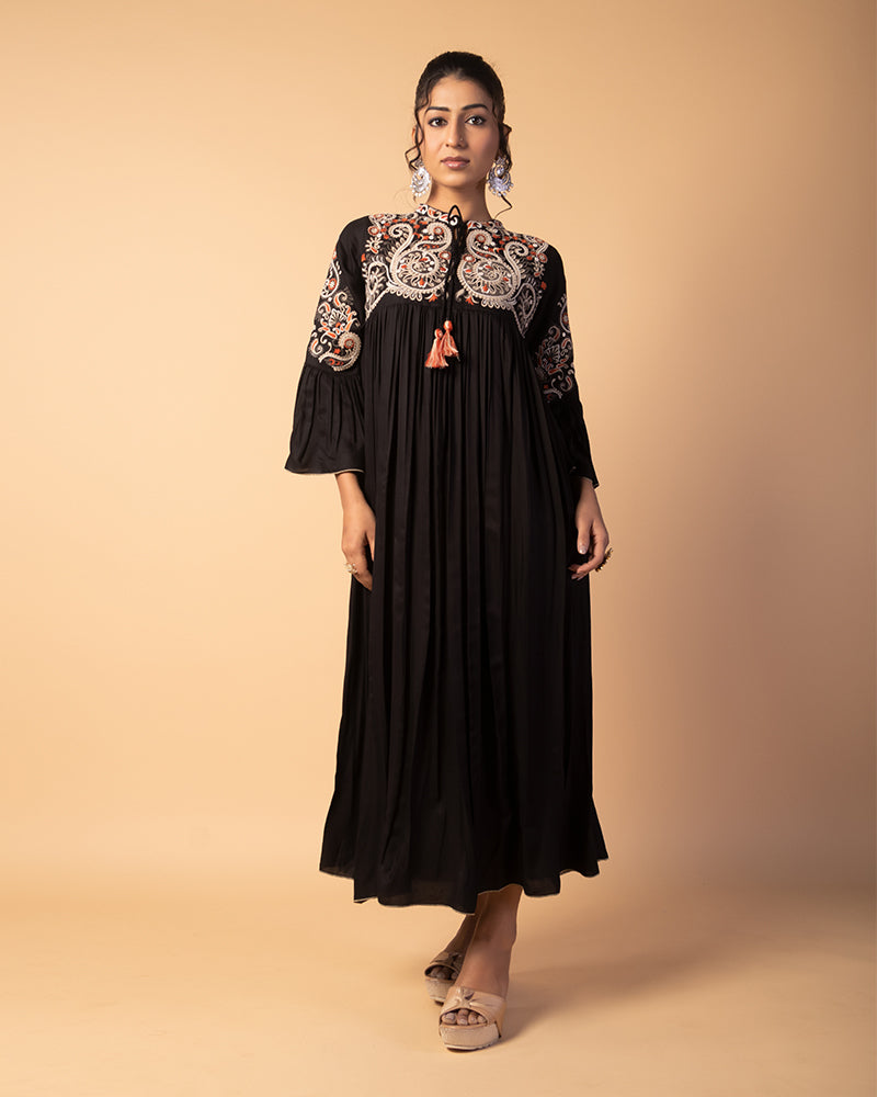 Black Floral Embellished Flared Western Dress