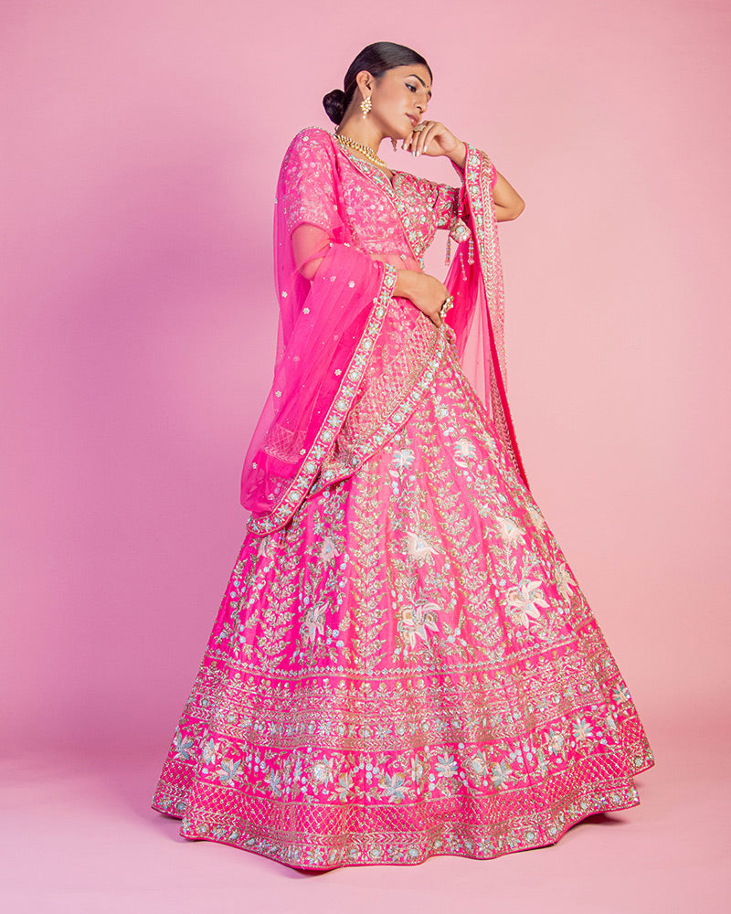 Neon Pink Floral Hand Embroidered lehenga choli with dupatta