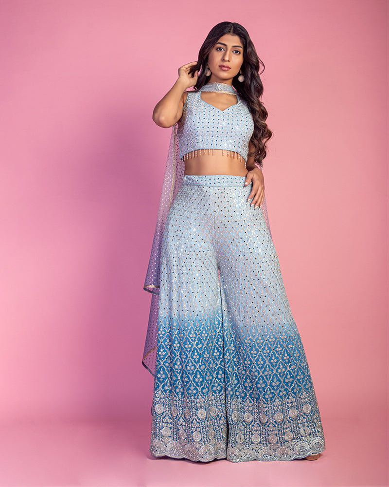 Powder Blue Flared Palazzo with crop top and dupatta