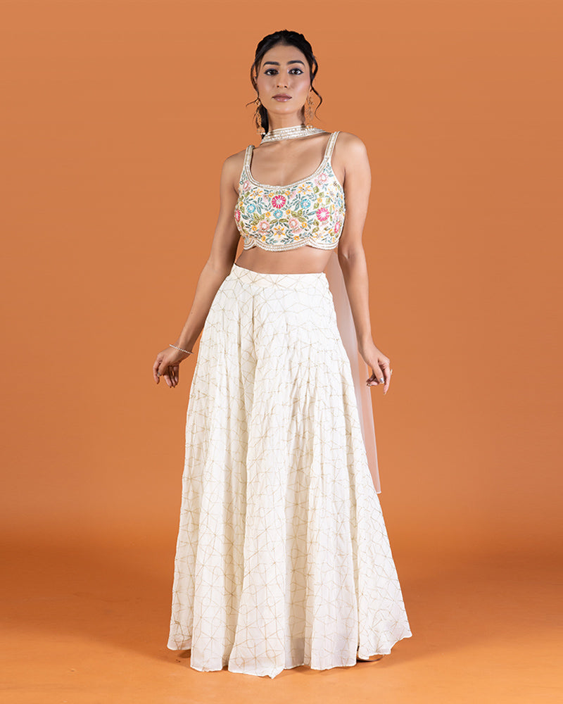 Cream Embroidered Embellished crop top Palazzo with Dupatta