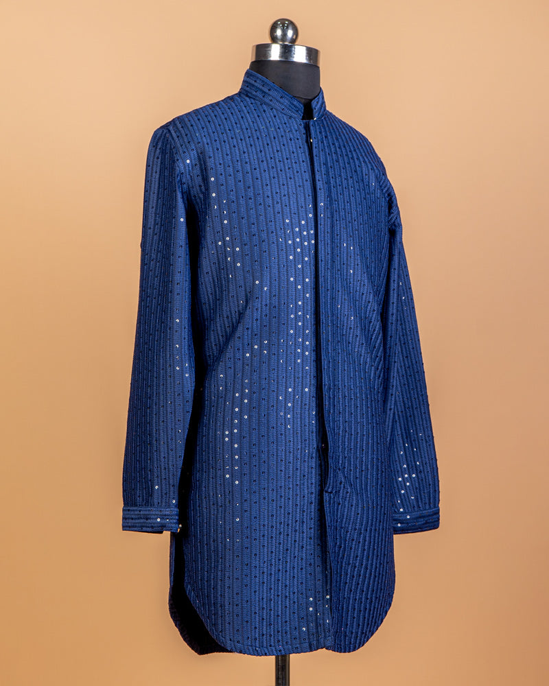 Navy Blue Silk Sequin Embroidered Men’s Kurta Set