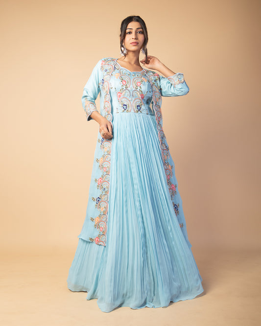 Sky Blue Georgette Embroidered Gown With Shrug