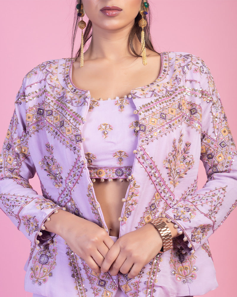 Lavender Palazzo with Embroidered CropTop And Jacket