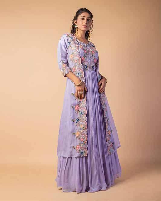 Lavender Georgette Embroidered Gown With Shrug