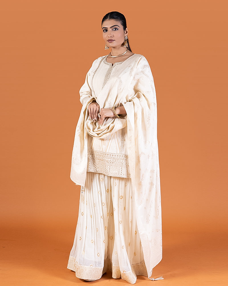 Cream Embroidered Kurta with Palazzo and Dupatta