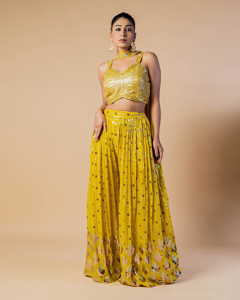Mustard Yellow Sequins Embroidered CropTop Palazzo With Coker Dupatta