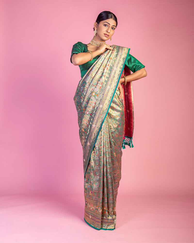 Green Banarasi Silk Embroidered Saree with Unstitched Blouse.