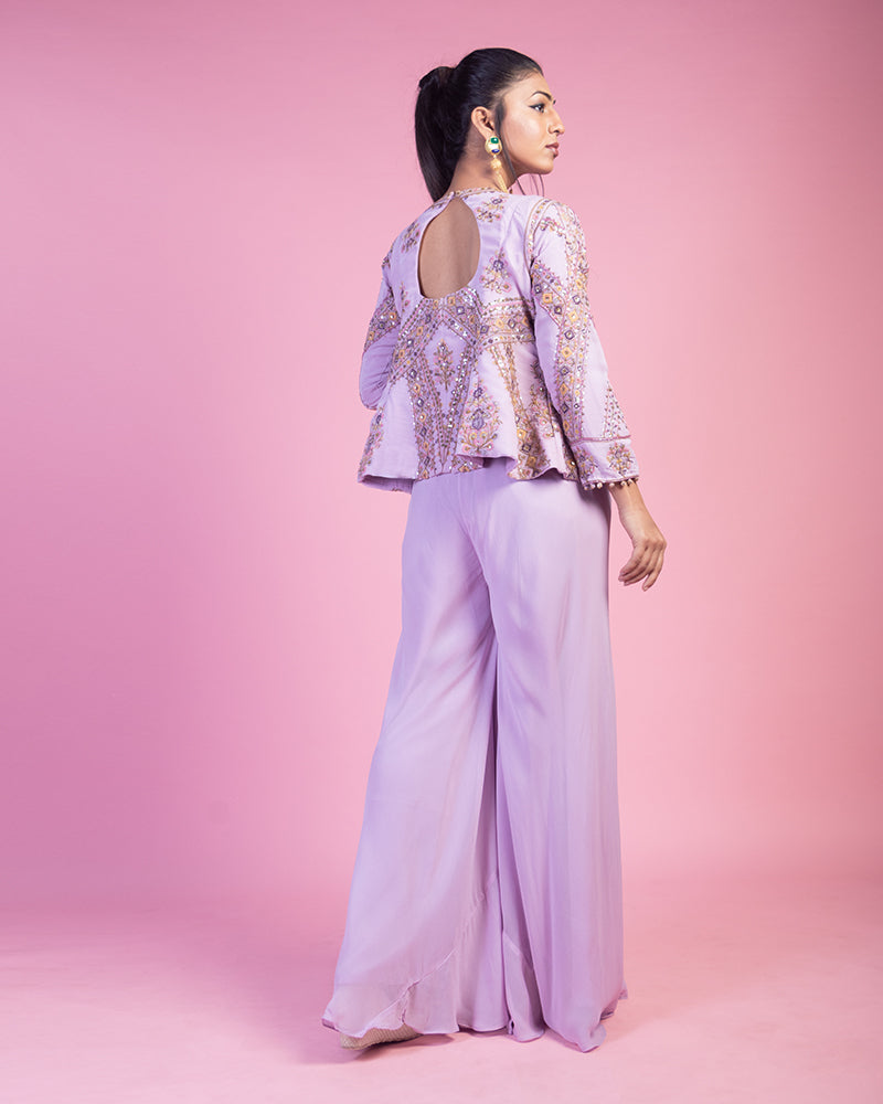 Lavender Palazzo with Embroidered CropTop And Jacket