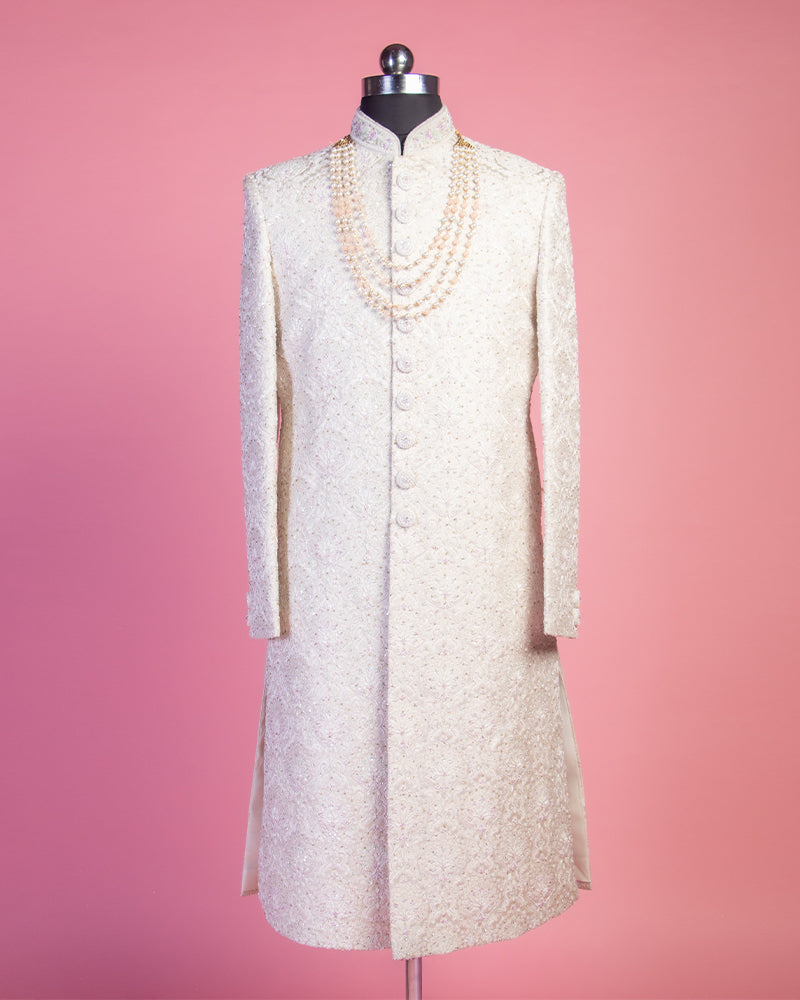 White Sherwani with Pyjama in Cotton