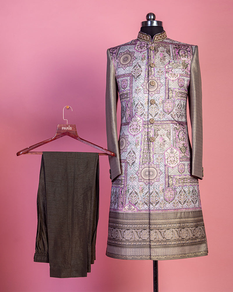 Brown Printed Sherwani Set with Pyjama in Silk