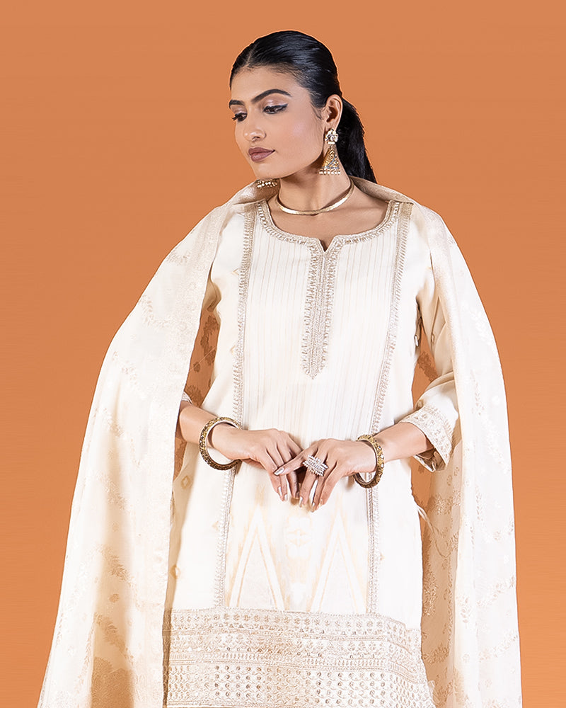 Cream Embroidered Kurta with Palazzo and Dupatta