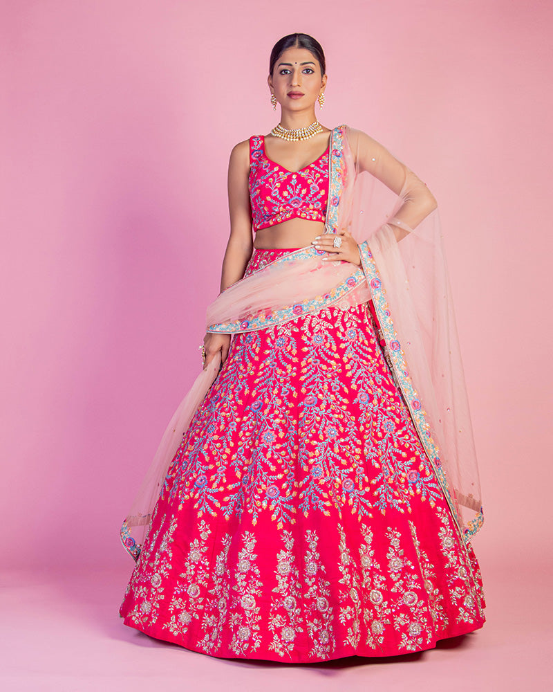 Neon Red Floral Hand Embroidered lehenga choli with dupatta