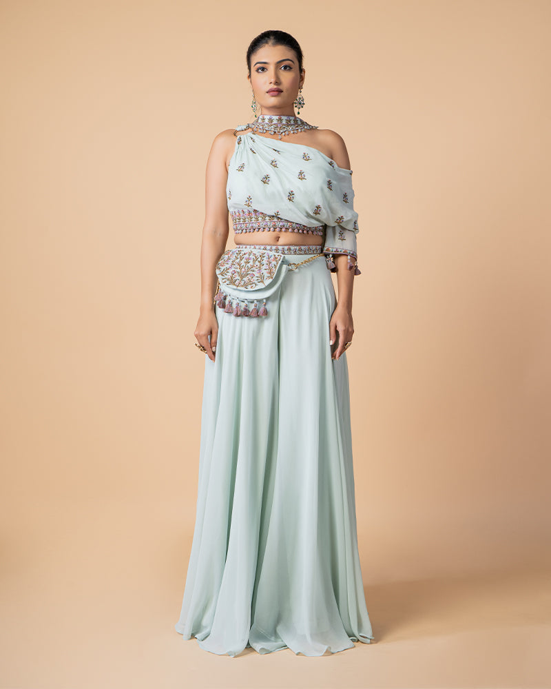 Sky Blue Embroidery Crop Top Palazzo Suit With Waist Side Pocket