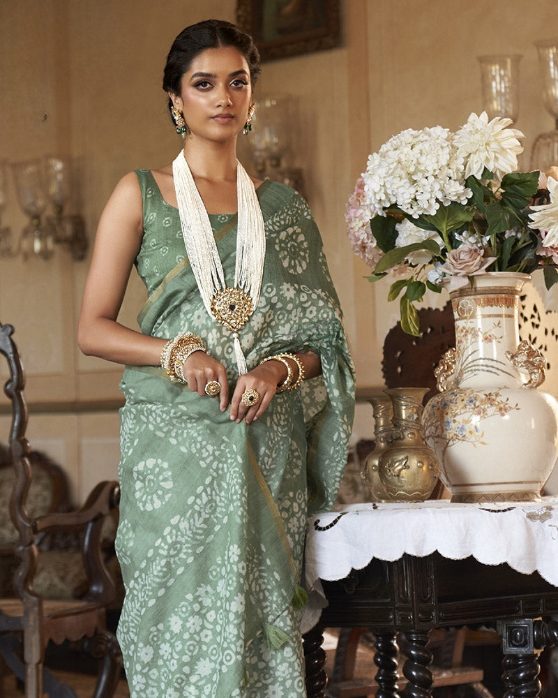 Green Jaal Pattern Chanderi Silk Cotton Saree with Unstitch Blouse