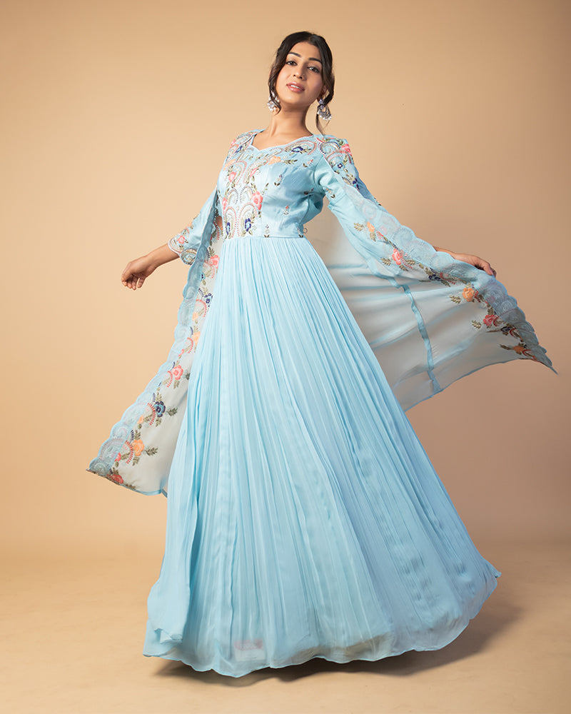 Sky Blue Georgette Embroidered Gown With Shrug