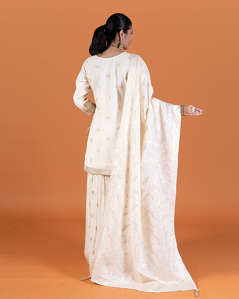 Cream Embroidered Kurta with Palazzo and Dupatta