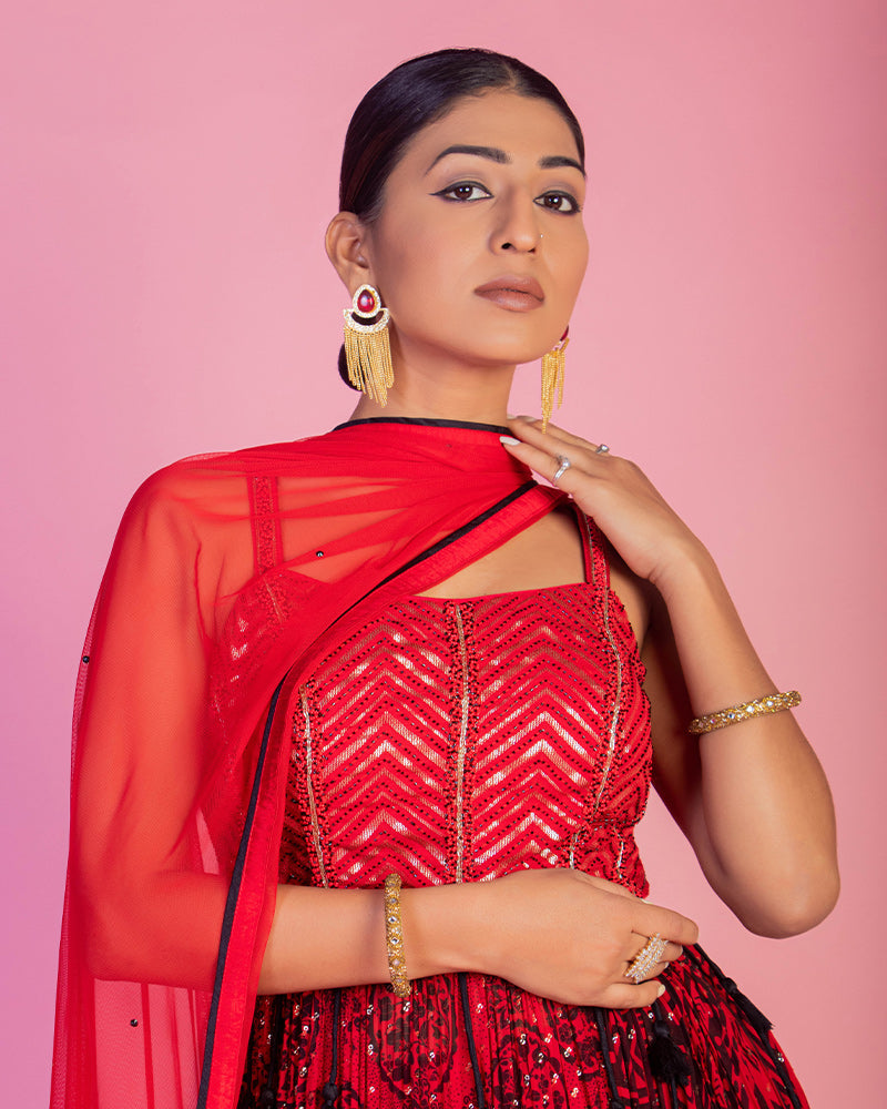 Red Flared Sharara Suit with Dupatta for Party Session