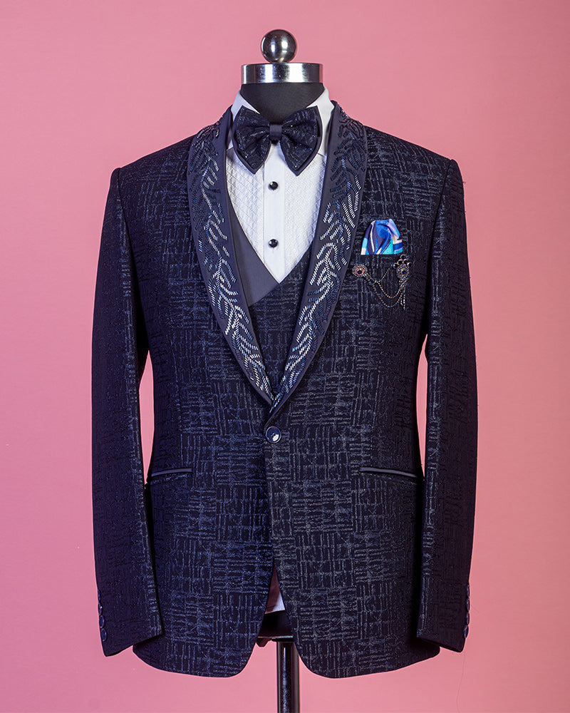 Denim Blue Embroidered Tuxedo Suit
