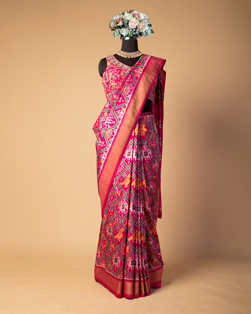 Pink Ethnic Motifs Printed Zari Pure Silk Patola Saree