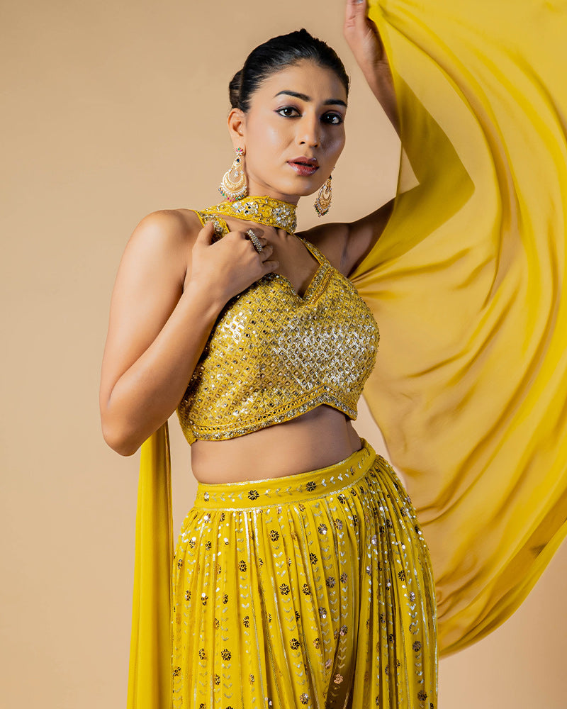 Mustard Yellow Sequins Embroidered CropTop Palazzo With Coker Dupatta