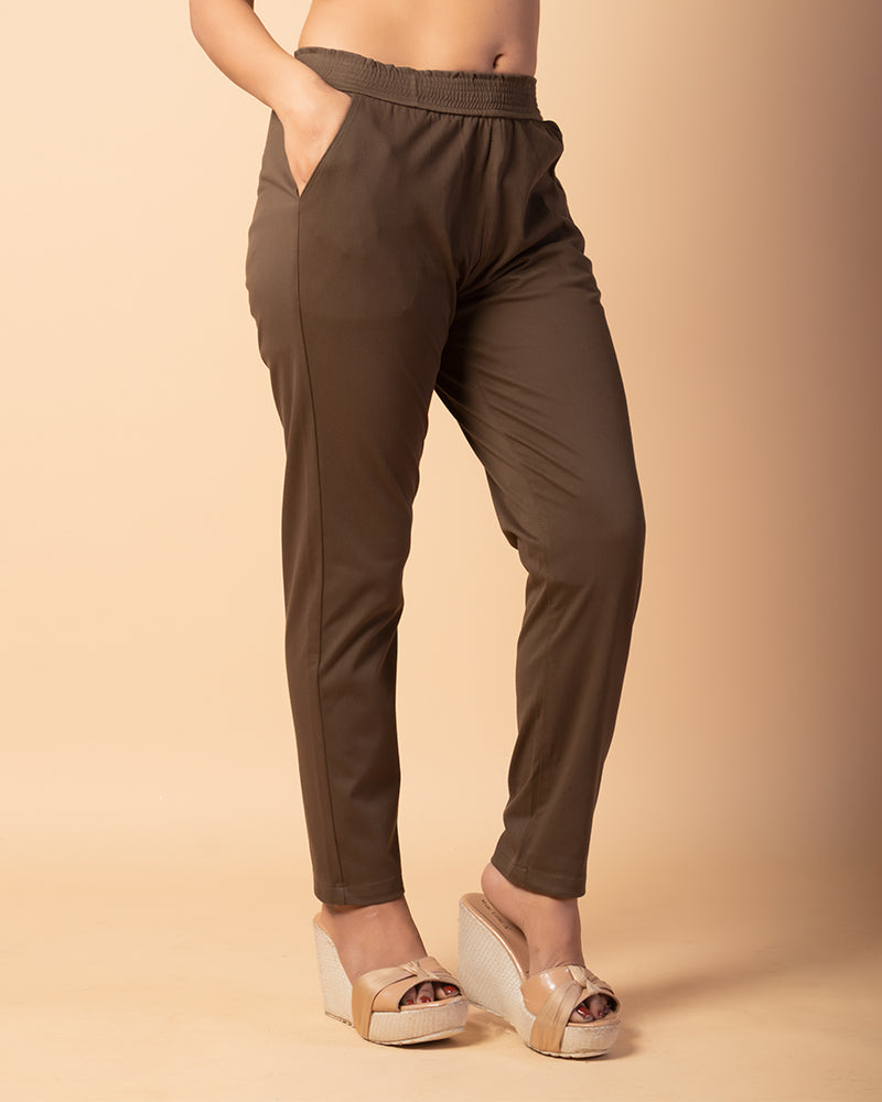 Dark Brown Regular Fit Solid Trousers For Women