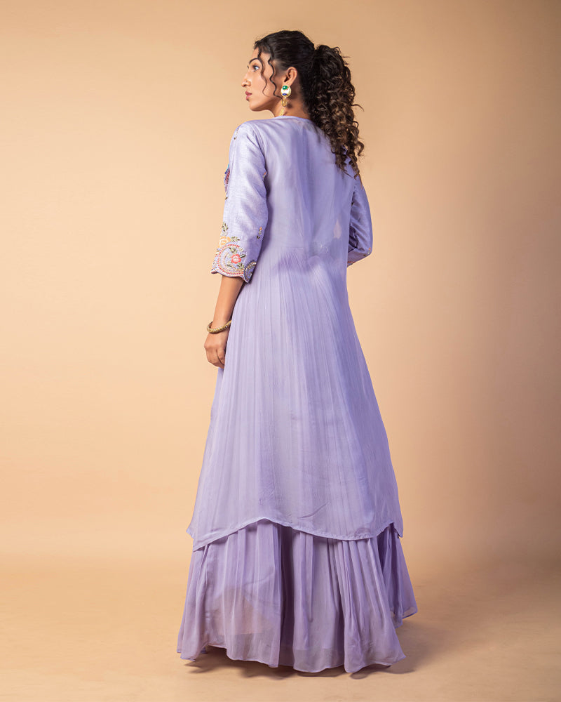 Lavender Georgette Embroidered Gown With Shrug