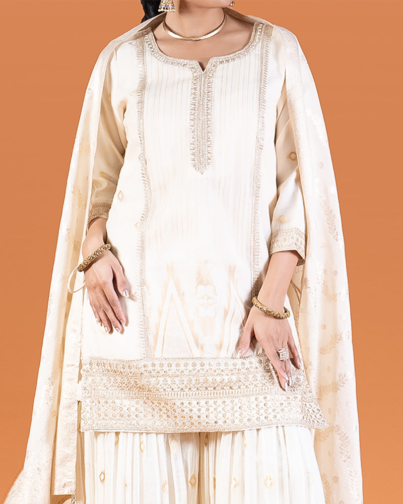 Cream Embroidered Kurta with Palazzo and Dupatta