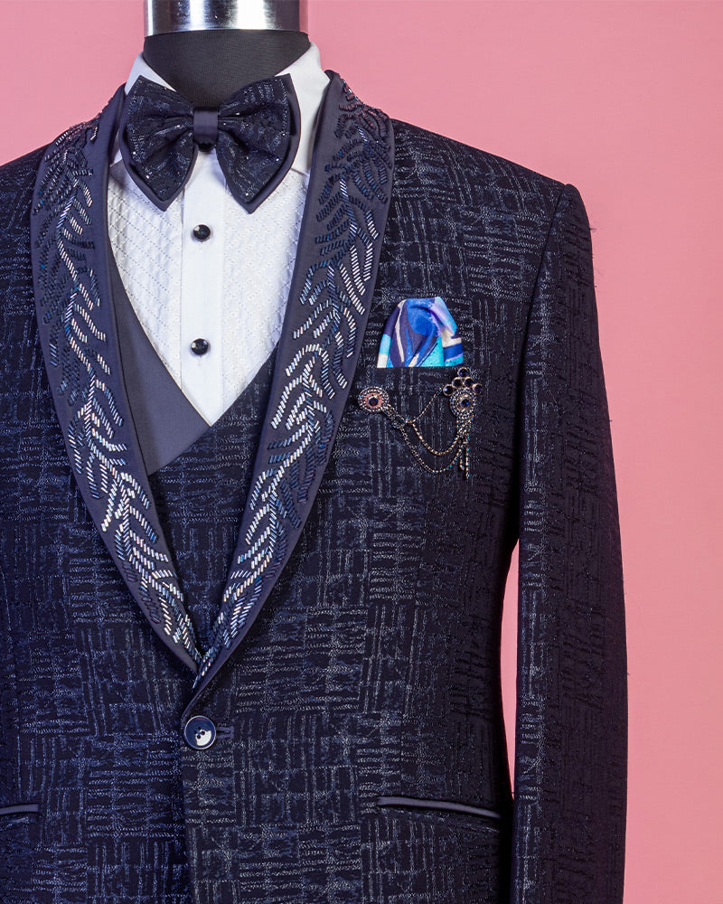 Denim Blue Embroidered Tuxedo Suit