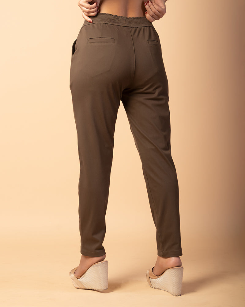 Dark Brown Regular Fit Solid Trousers For Women