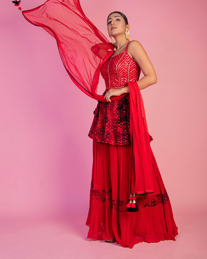 Red Flared Sharara Suit with Dupatta for Party Session