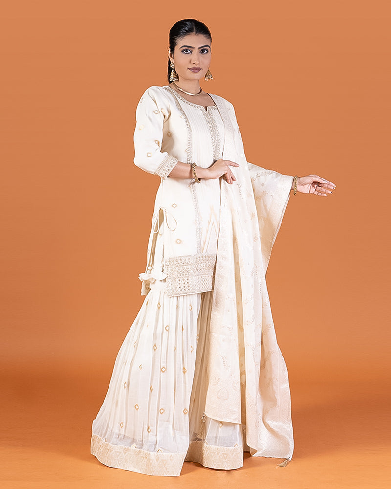 Cream Embroidered Kurta with Palazzo and Dupatta