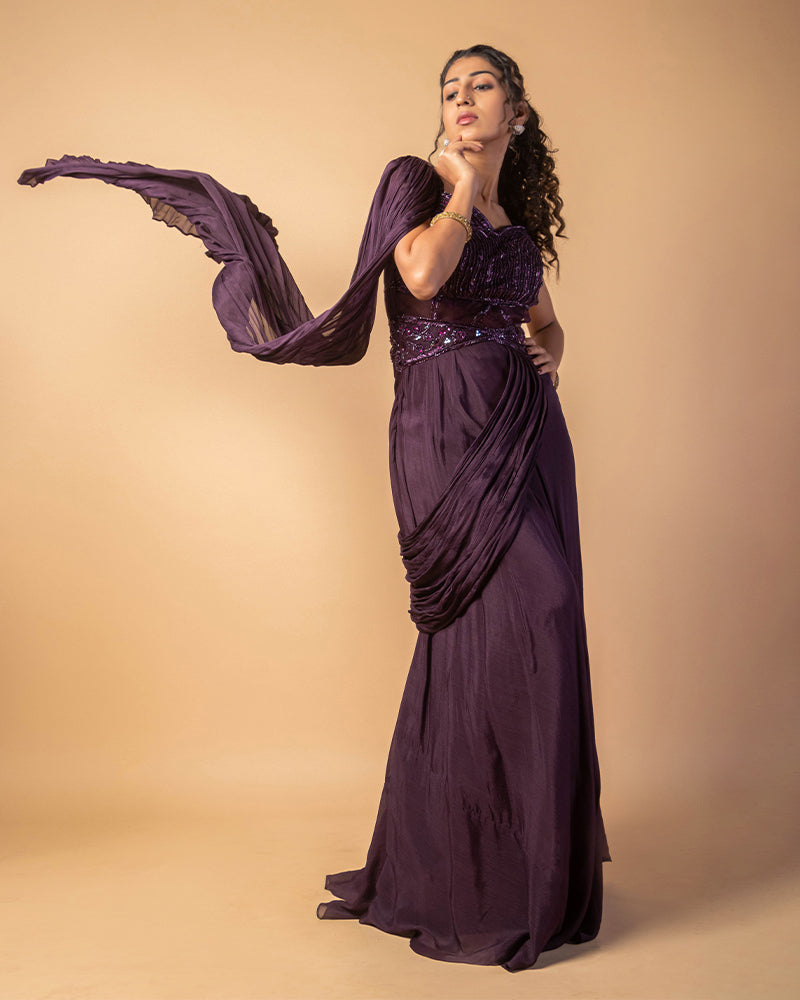 Plum Embroidered Gown With Draped Dupatta