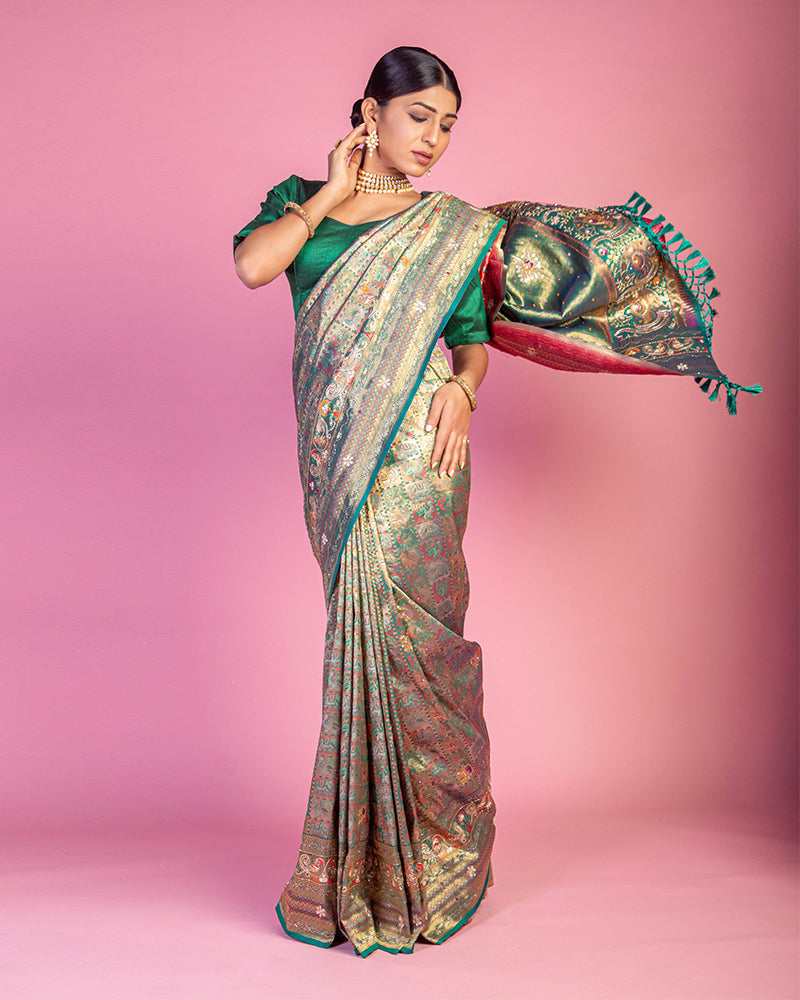 Green Banarasi Silk Embroidered Saree with Unstitched Blouse.