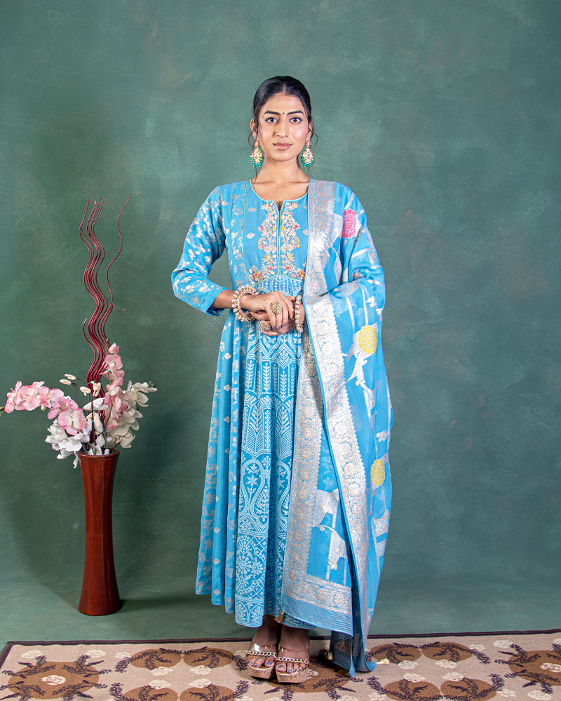 Sky Blue Thread Embellished Anarkali Suit in Georgette