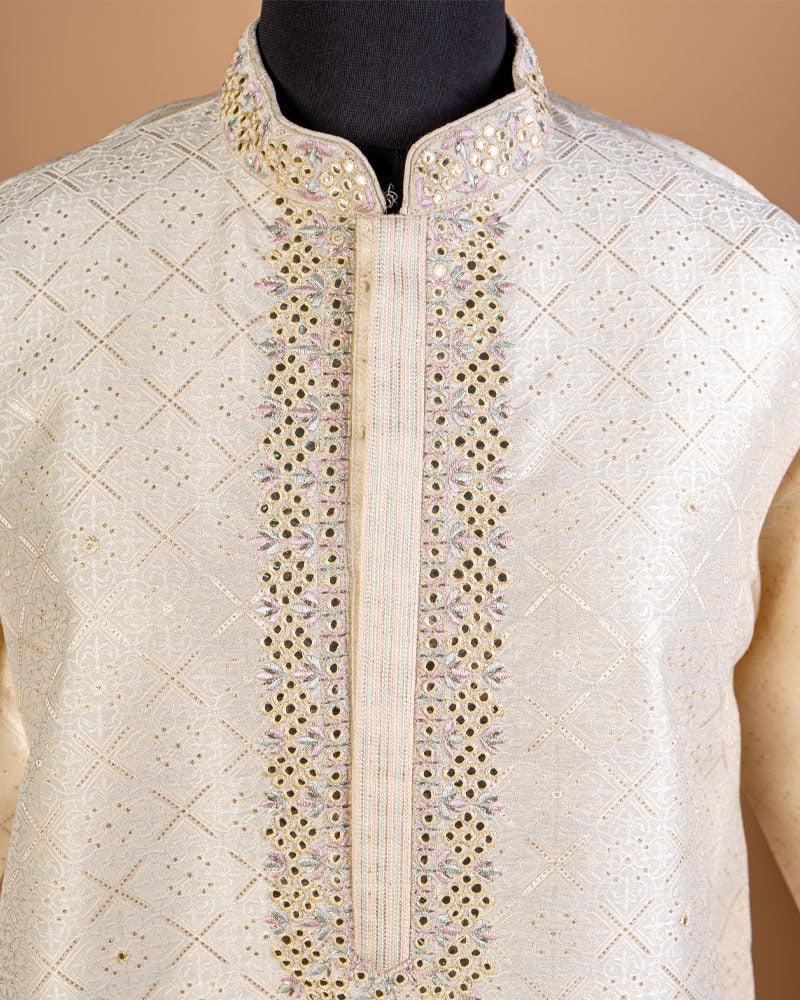 Cream Foil Printed Men’s Kurta Set