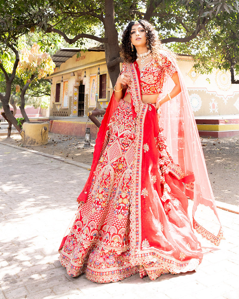 Cardinal Red Heavy Embroidered Lehenga Set With Dupatta