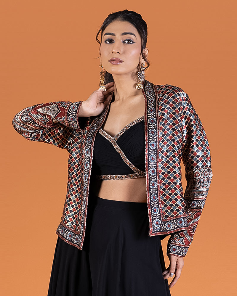 Black Crop Top with Embellished Jacket and Palazzo Pants