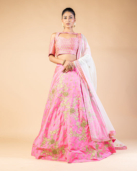 Soft Pink Floral Embroidered Flared Lehenga Set With Dupatta
