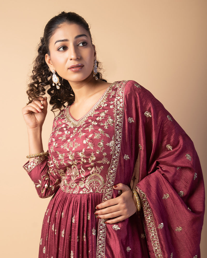 Rich Maroon Hand Embroidered Anarkali With Dupatta