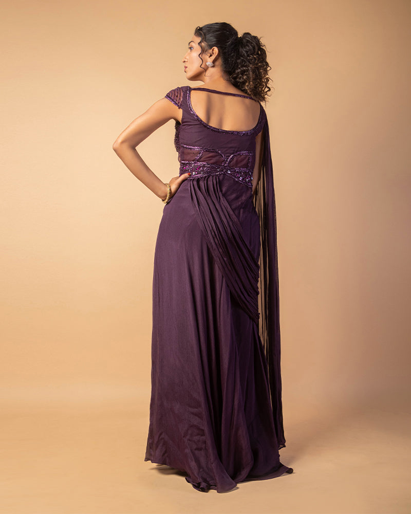 Plum Embroidered Gown With Draped Dupatta