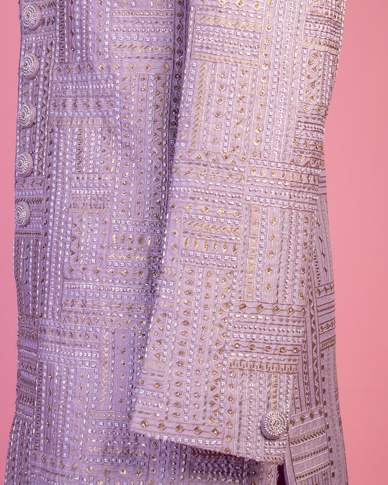 Purple Sherwani with Pyjama in Cotton